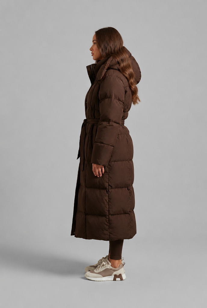 Women Puffer Jacket | Belted Waist Maxi Length with Hood