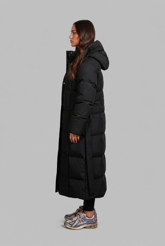 Women Puffer Jacket | Belted Waist Maxi Length with Hood