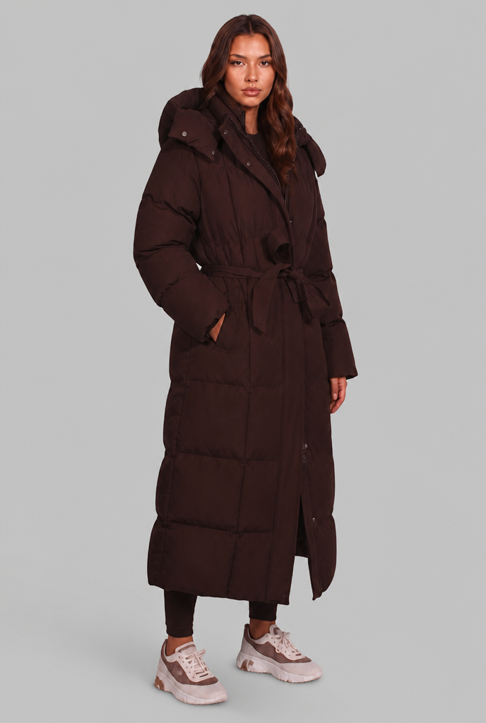 Women Puffer Jacket | Belted Waist Maxi Length with Hood