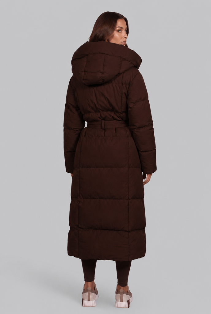 Women Puffer Jacket | Belted Waist Maxi Length with Hood