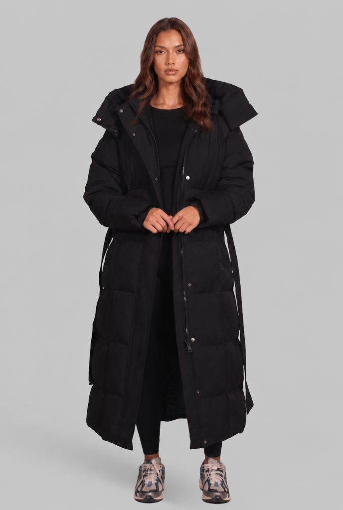 Women Puffer Jacket | Belted Waist Maxi Length with Hood