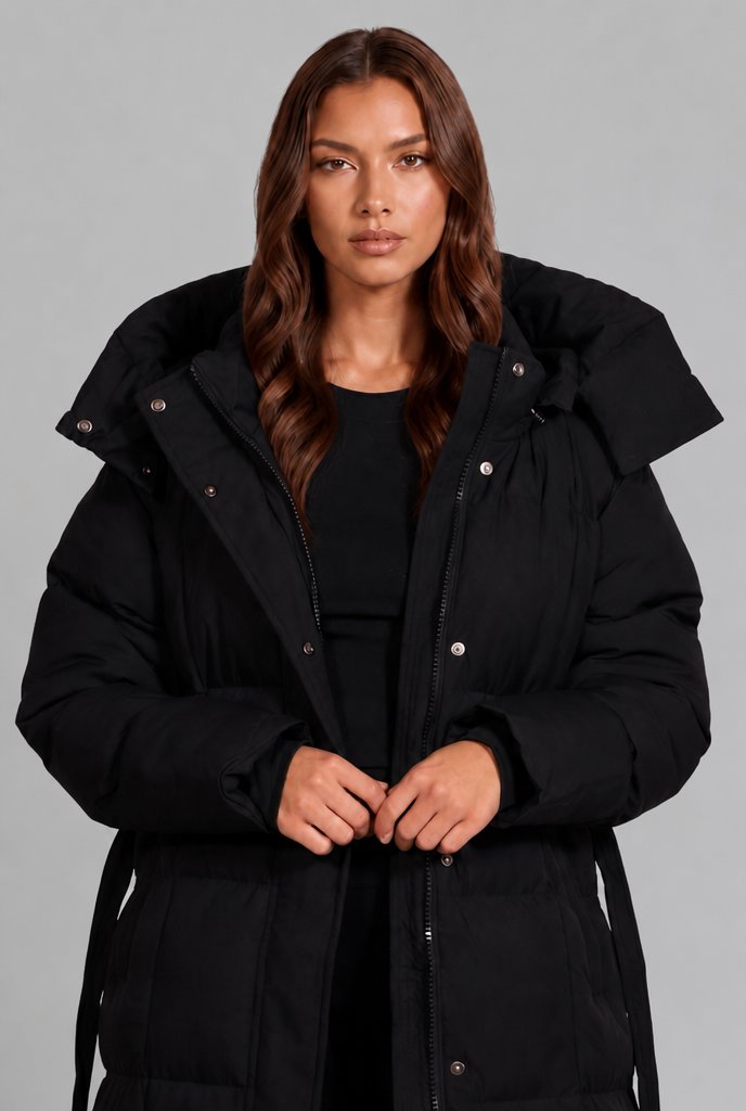 Women Puffer Jacket | Belted Waist Maxi Length with Hood