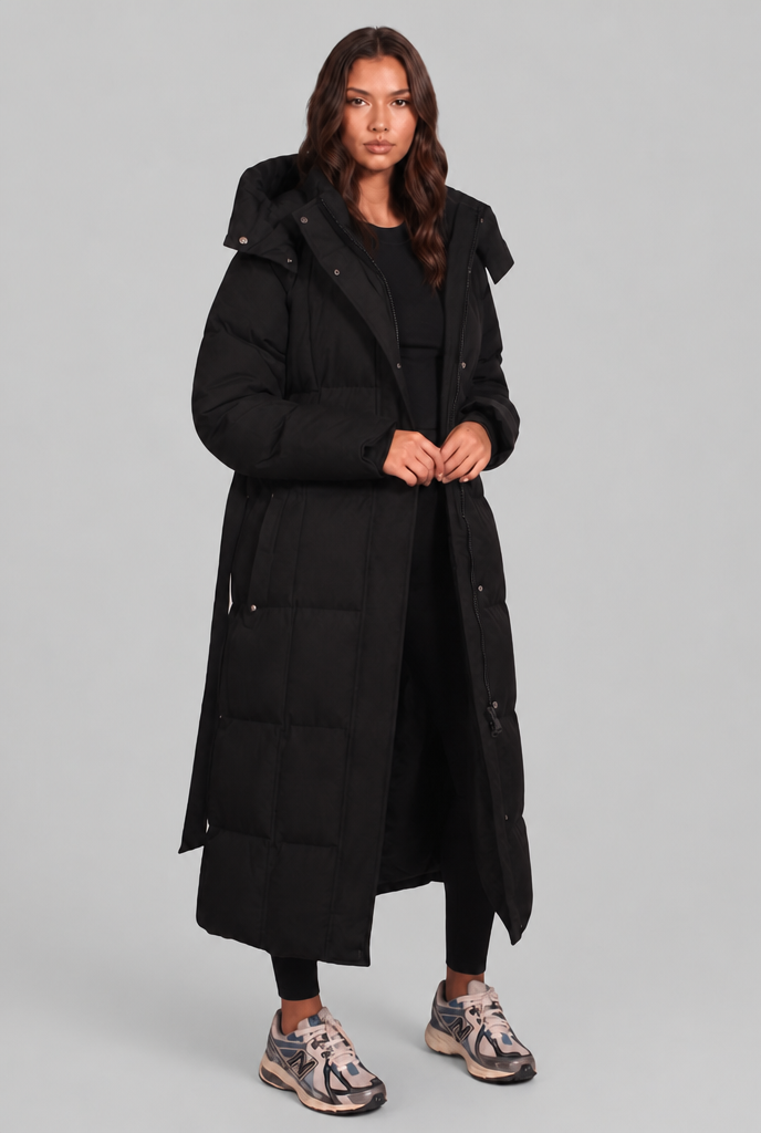 Women Puffer Jacket | Belted Waist Maxi Length with Hood