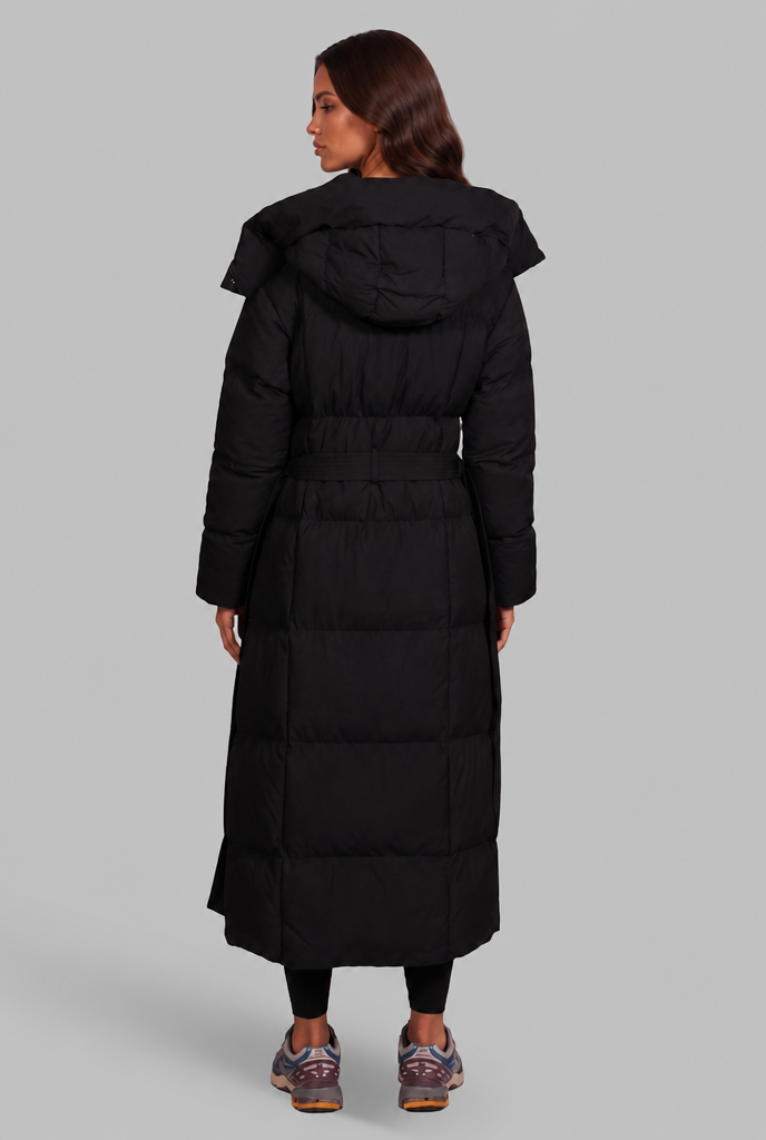Women Puffer Jacket | Belted Waist Maxi Length with Hood