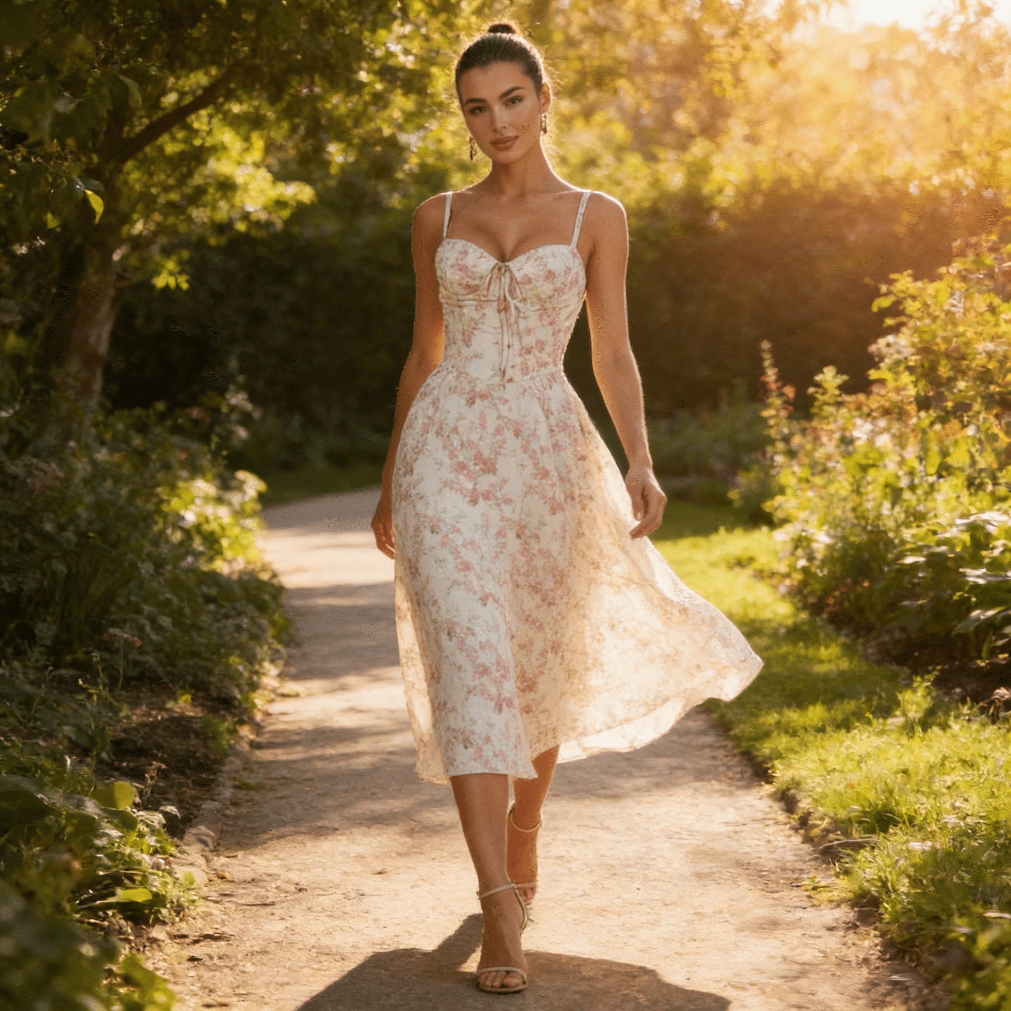 Woman in a floral dress walking along a path in a garden