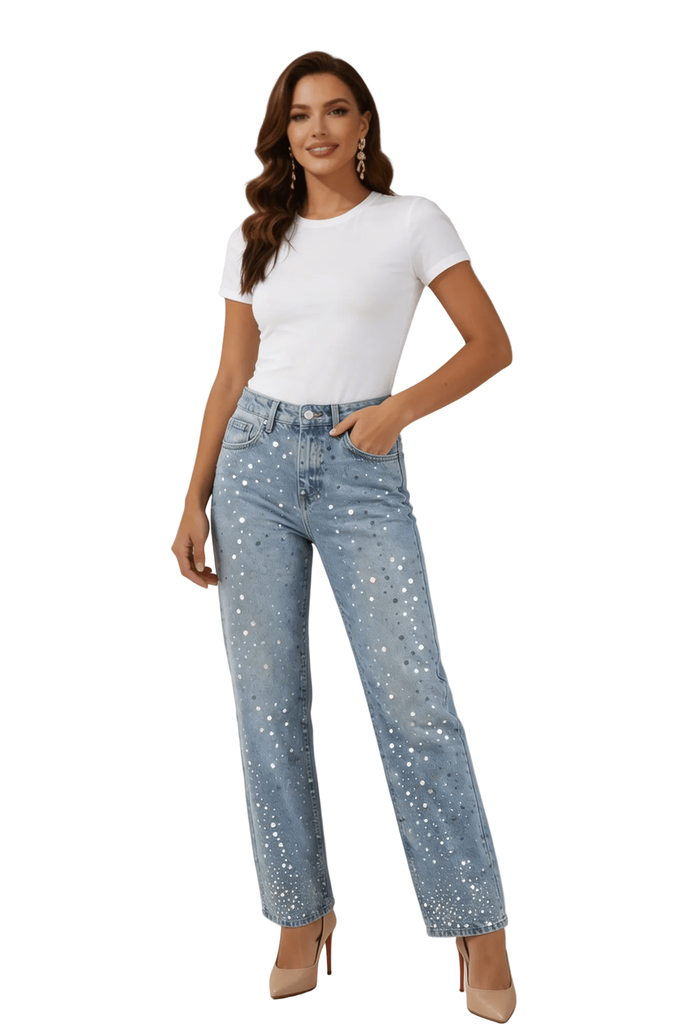 Jeans Women Baggy Fit Sparkle Design Detail Features - Evergreen Outfits - Women Pants