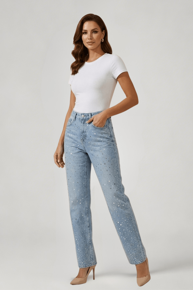 Jeans Women Baggy Fit Sparkle Design Detail Features - Evergreen Outfits - Women Pants