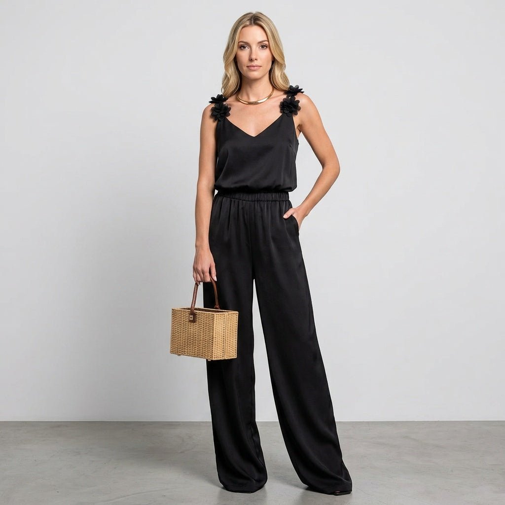 Jumpsuit Women Floral Strap V - Neck Wide Leg Sleeveless - Evergreen Outfits - Women Jumpsuit