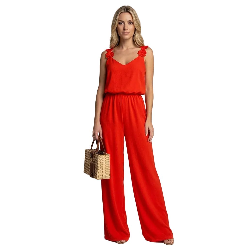 Jumpsuit Women Floral Strap V - Neck Wide Leg Sleeveless - Evergreen Outfits - Women Jumpsuit