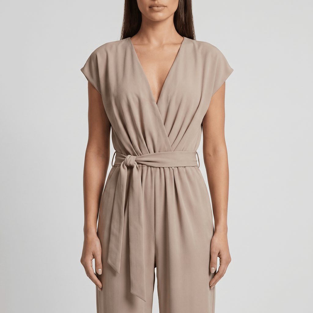 Jumpsuit Women Short Sleeve V Neck Full Length Belted - Evergreen Outfits - Women Jumpsuit