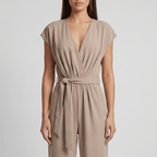 Jumpsuit Women Short Sleeve V Neck Full Length Belted - Evergreen Outfits - Women Jumpsuit
