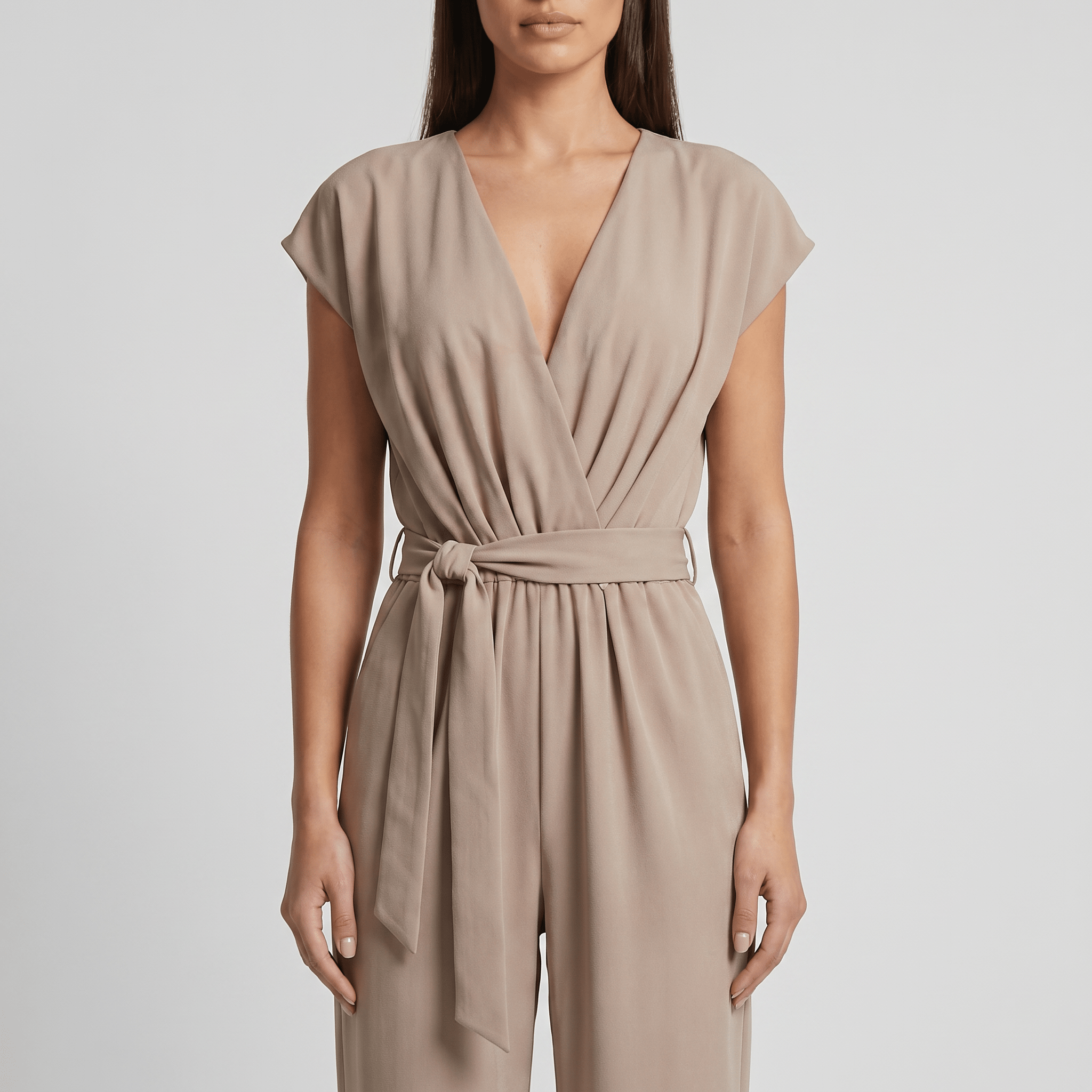 Jumpsuit Women Short Sleeve V Neck Full Length Belted - Evergreen Outfits - Women Jumpsuit