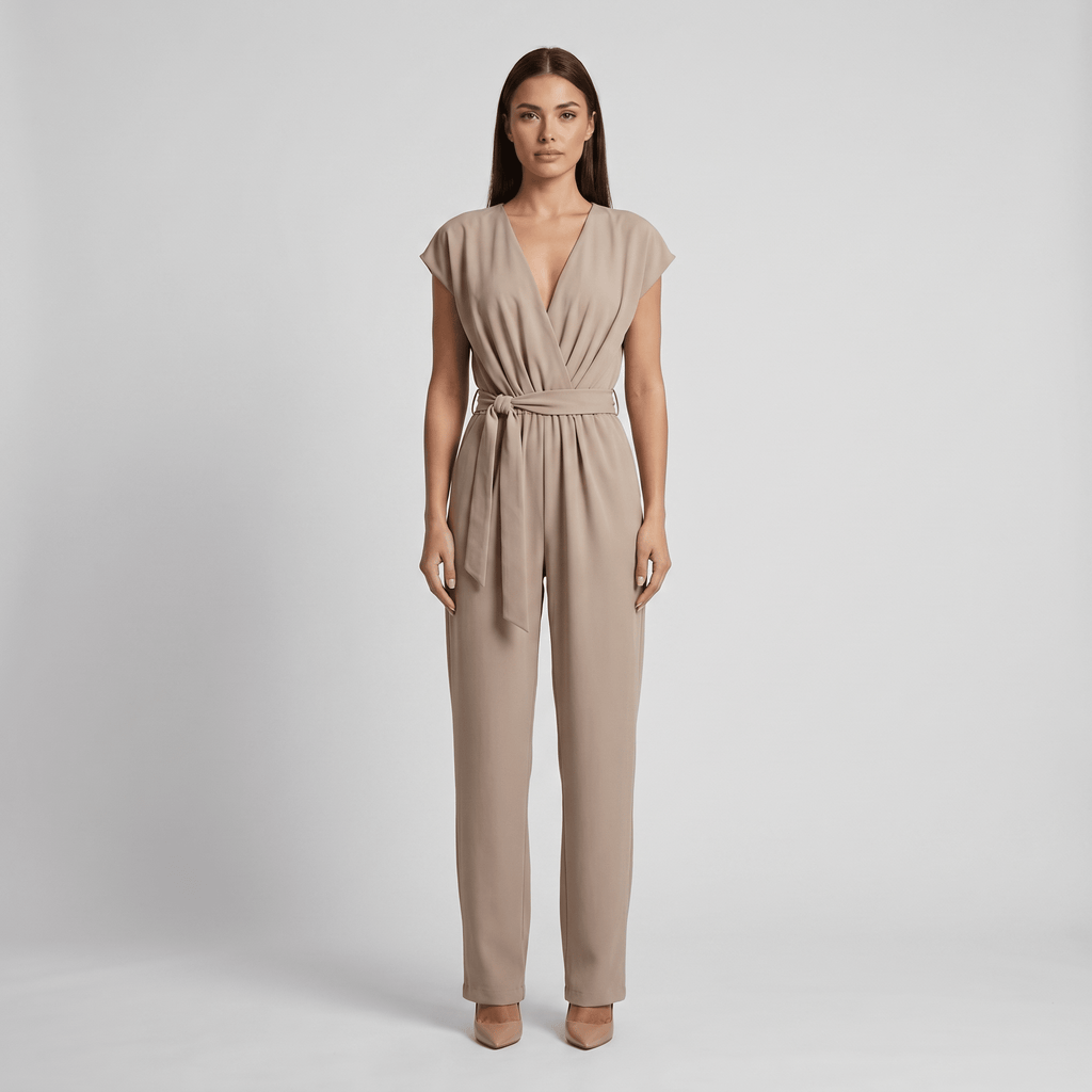 Jumpsuit Women Short Sleeve V Neck Full Length Belted - Evergreen Outfits - Women Jumpsuit