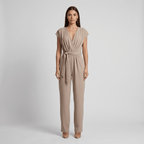 Jumpsuit Women Short Sleeve V Neck Full Length Belted - Evergreen Outfits - Women Jumpsuit