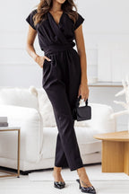 Jumpsuit Women Short Sleeve V Neck Full Length Belted - Evergreen Outfits - Women Jumpsuit