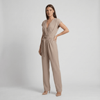Jumpsuit Women Short Sleeve V Neck Full Length Belted - Evergreen Outfits - Women Jumpsuit