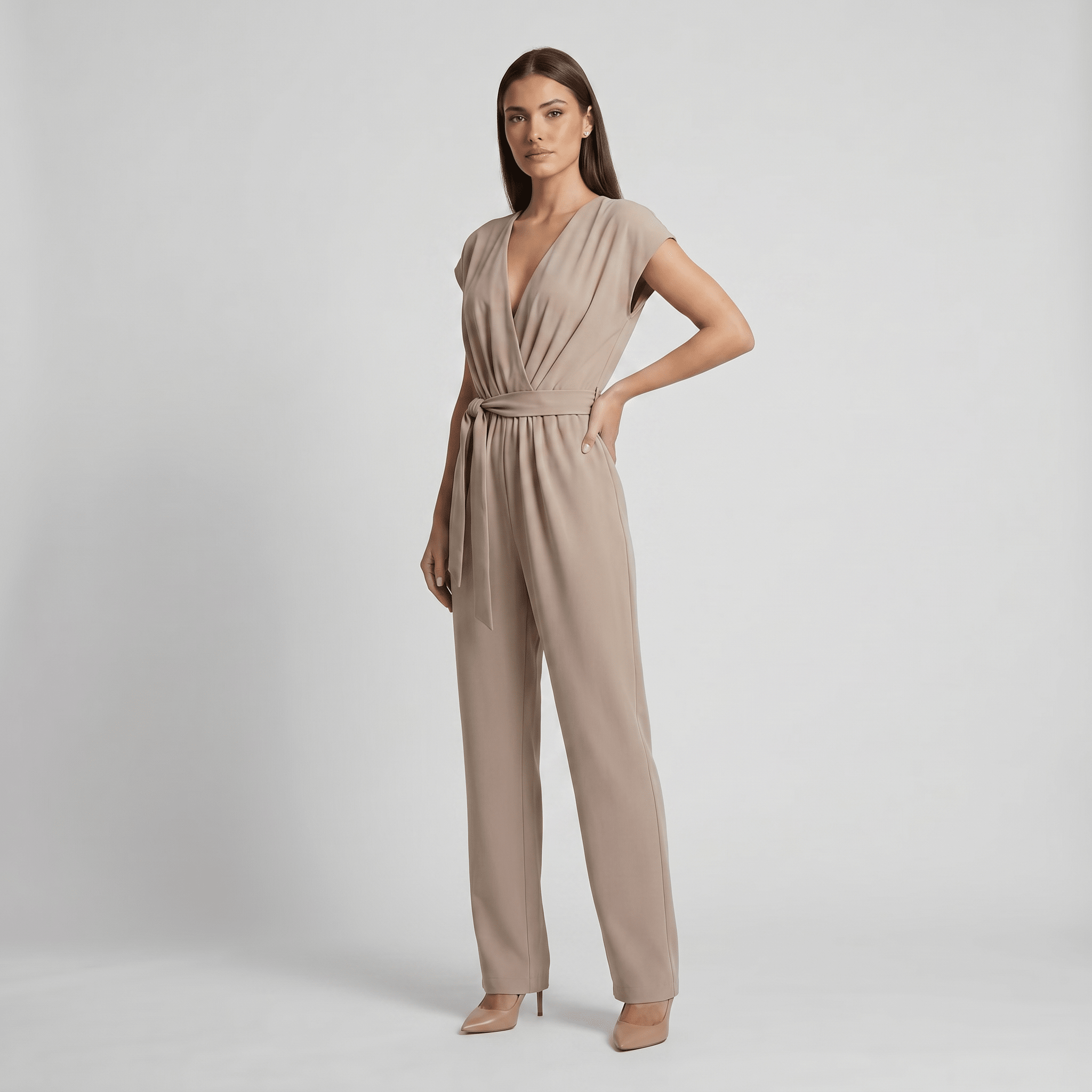 Jumpsuit Women Short Sleeve V Neck Full Length Belted - Evergreen Outfits - Women Jumpsuit