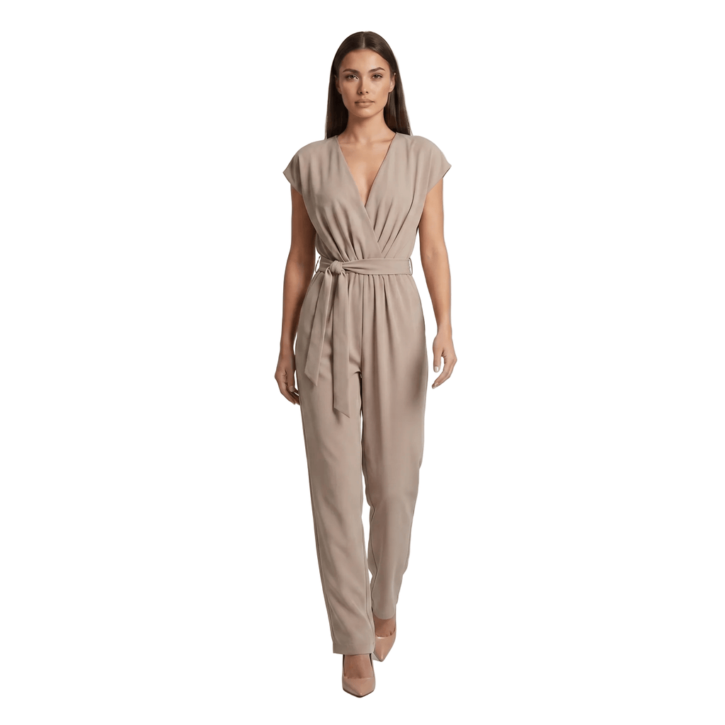Jumpsuit Women Short Sleeve V Neck Full Length Belted - Evergreen Outfits - Women Jumpsuit