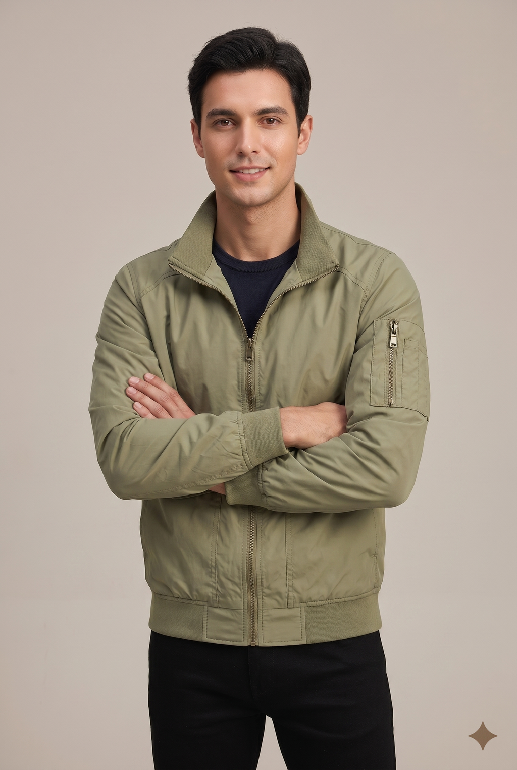 Men Jacket | Zip-Up Bomber with Stand Collar Flap Pockets