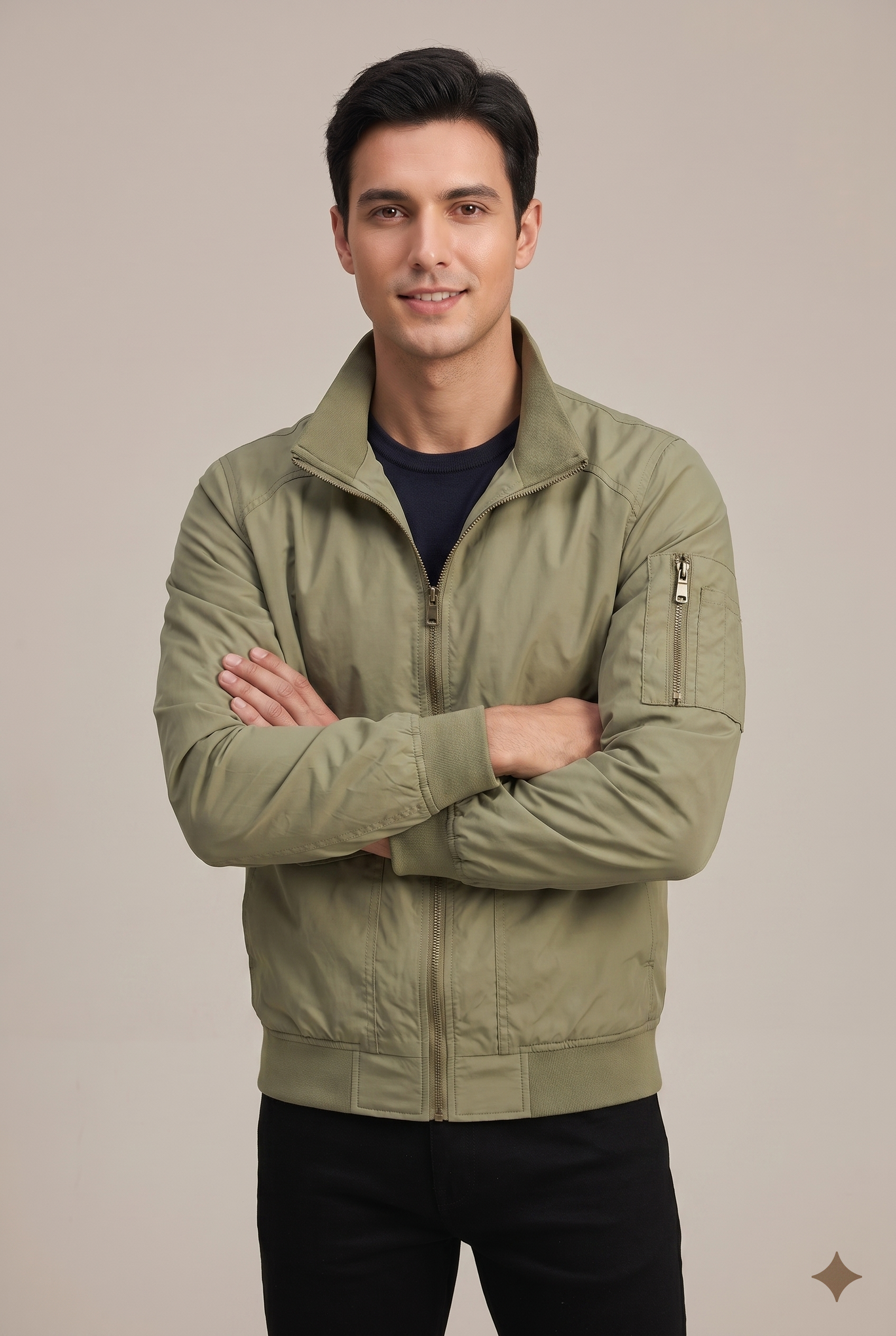 Men Jacket | Zip-Up Bomber with Stand Collar Flap Pockets