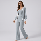 Knitwear Set Women Three Piece V Neck Wide Leg Trousers - Evergreen Outfits - Women Set