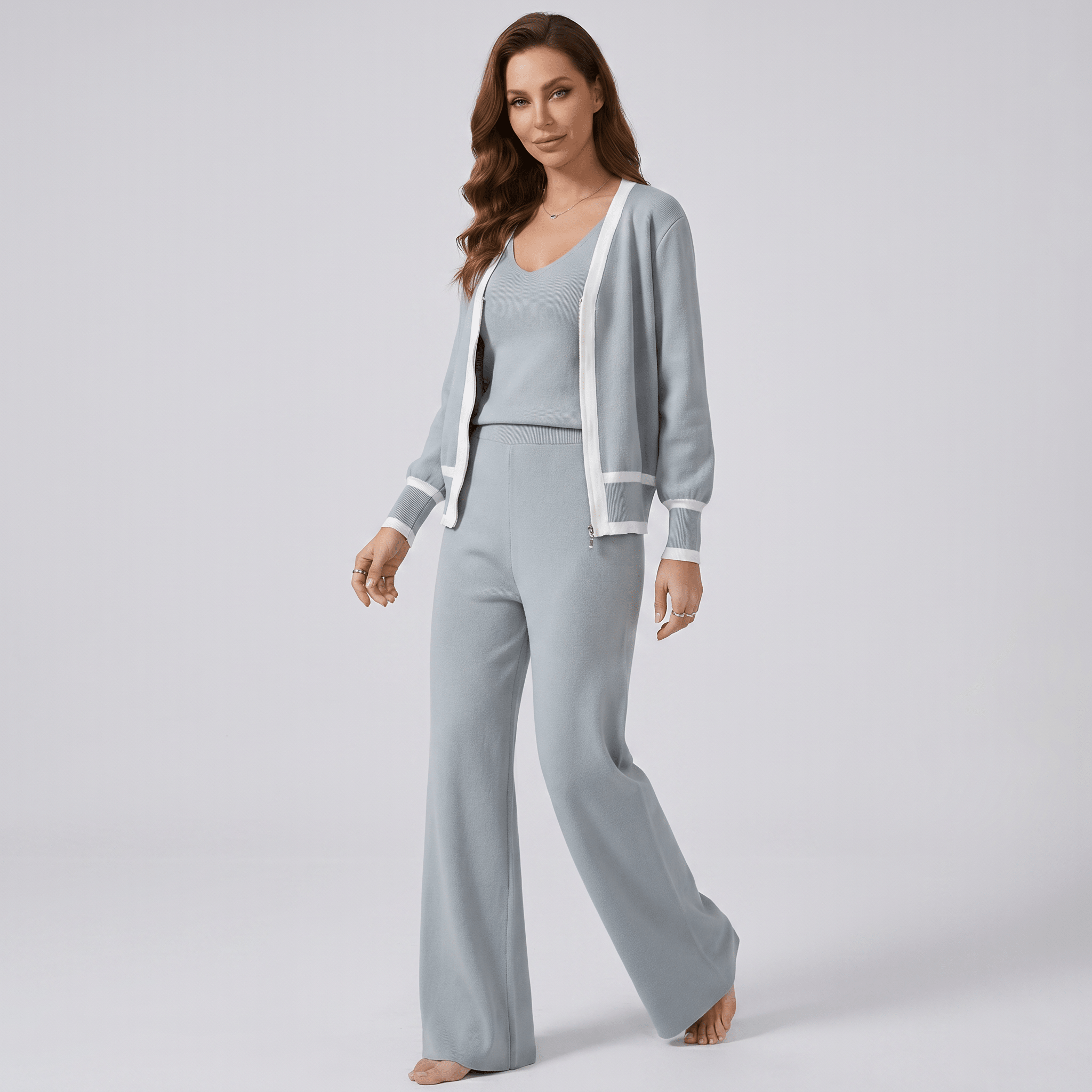 Knitwear Set Women Three Piece V Neck Wide Leg Trousers - Evergreen Outfits - Women Set