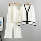 Knitwear Set Women Three Piece V Neck Wide Leg Trousers - Evergreen Outfits - Women Set