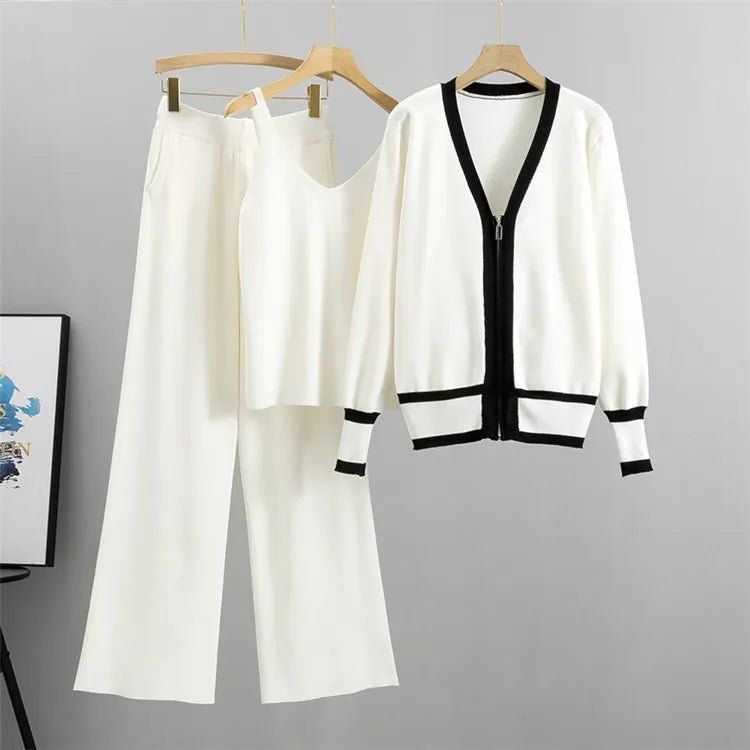 Knitwear Set Women Three Piece V Neck Wide Leg Trousers - Evergreen Outfits - Women Set