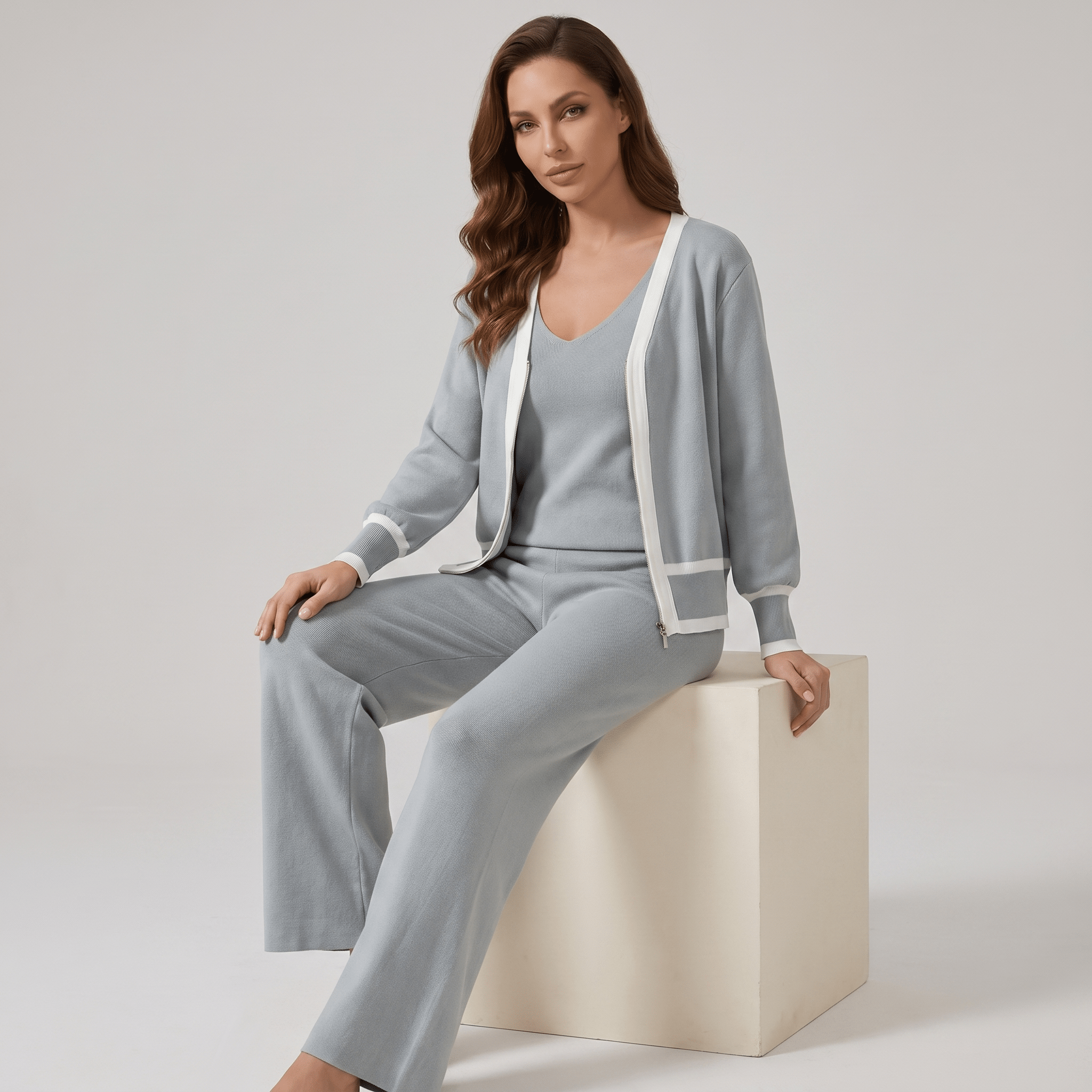 Knitwear Set Women Three Piece V Neck Wide Leg Trousers - Evergreen Outfits - Women Set