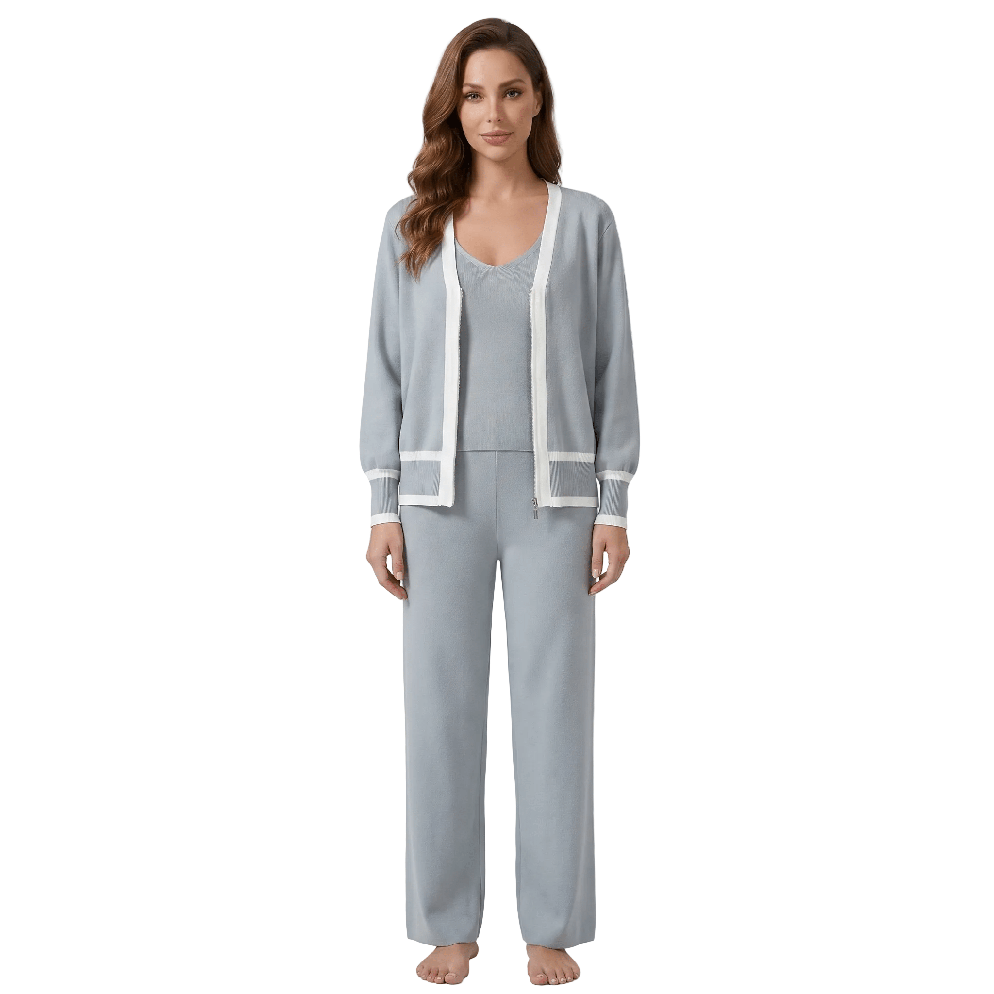 Knitwear Set Women Three Piece V Neck Wide Leg Trousers - Evergreen Outfits - Women Set