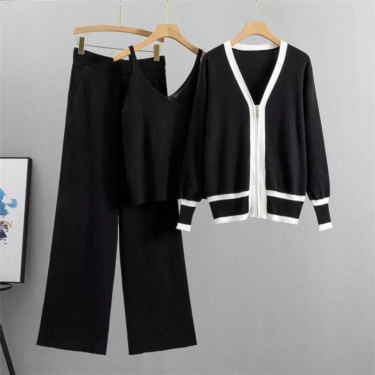 Knitwear Set Women Three Piece V Neck Wide Leg Trousers - Evergreen Outfits - Women Set