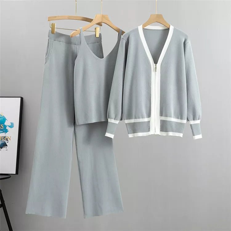 Knitwear Set Women Three Piece V Neck Wide Leg Trousers - Evergreen Outfits - Women Set