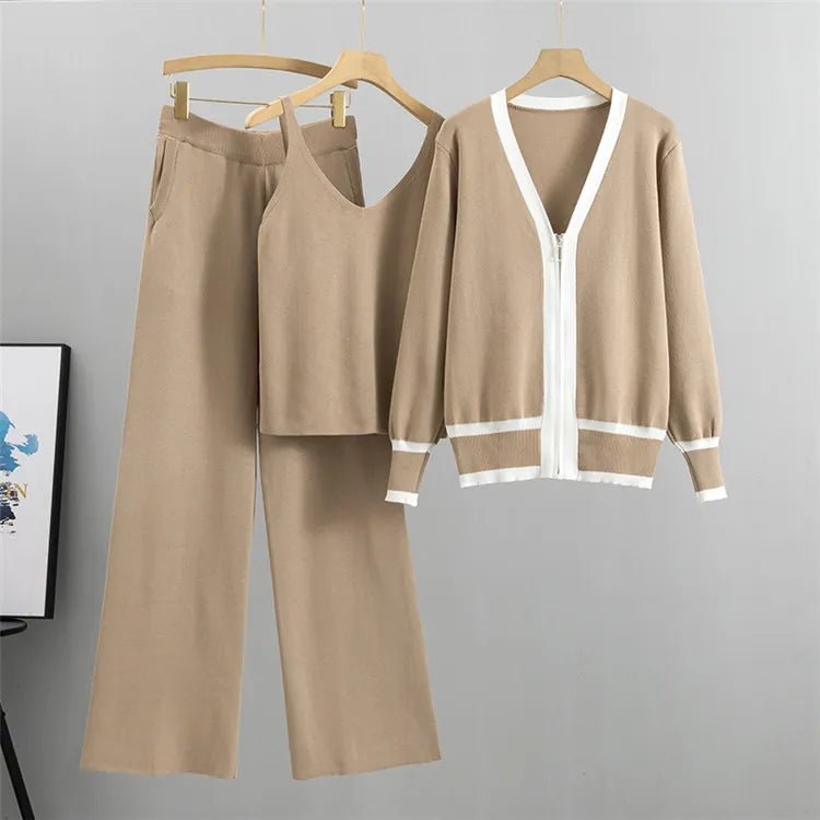 Knitwear Set Women Three Piece V Neck Wide Leg Trousers - Evergreen Outfits - Women Set
