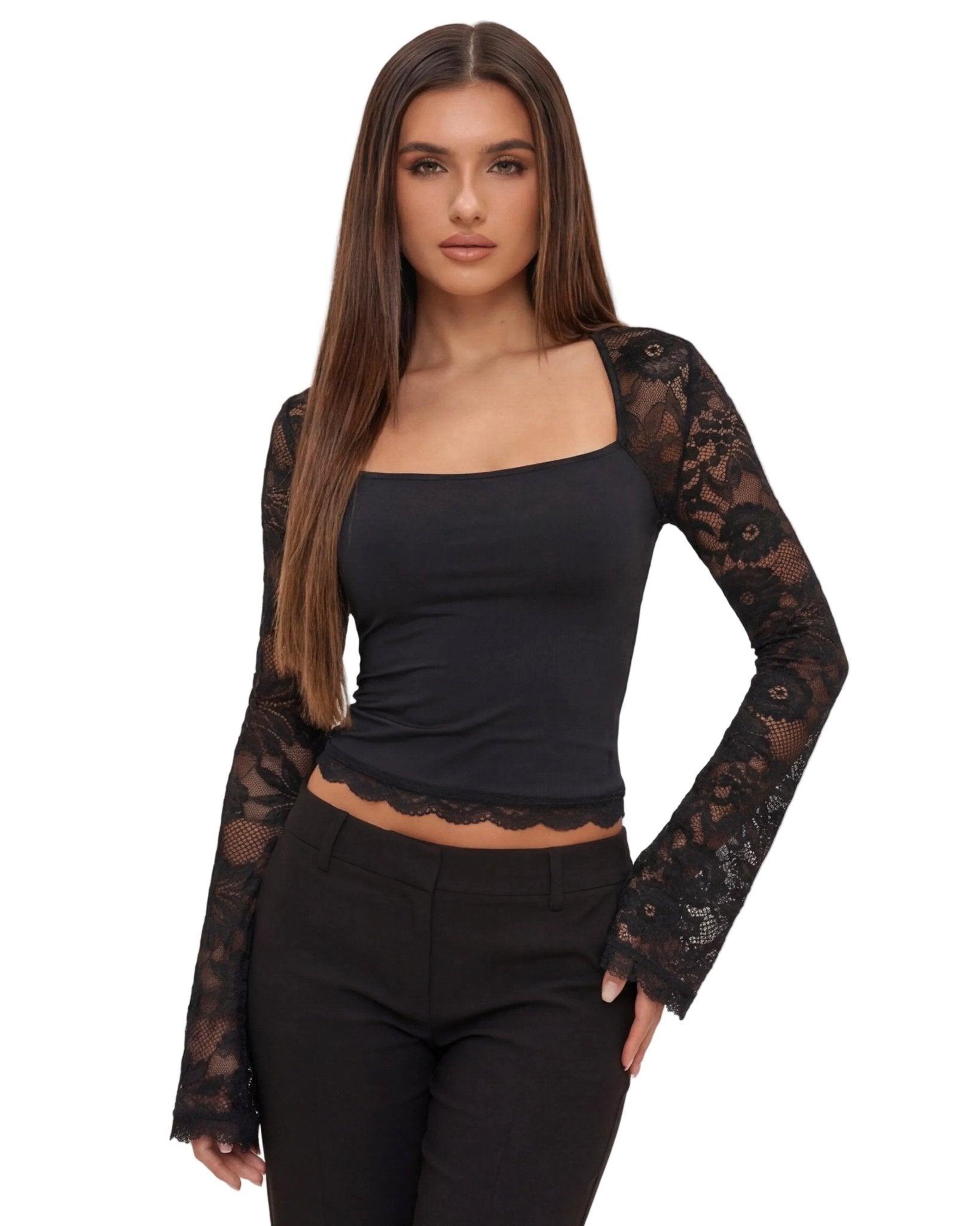 Lace Top Women Long Sleeve Sheer Back Fitted Design - Evergreen Outfits - Women Top