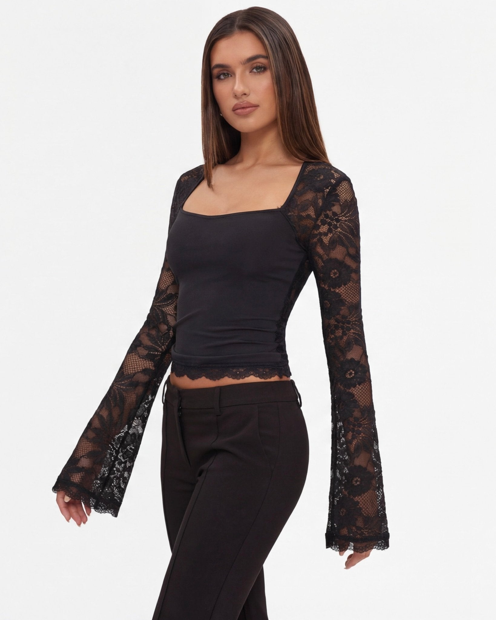 Lace Top Women Long Sleeve Sheer Back Fitted Design - Evergreen Outfits - Women Top