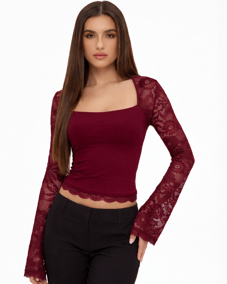 Lace Top Women Long Sleeve Sheer Back Fitted Design - Evergreen Outfits - Women Top