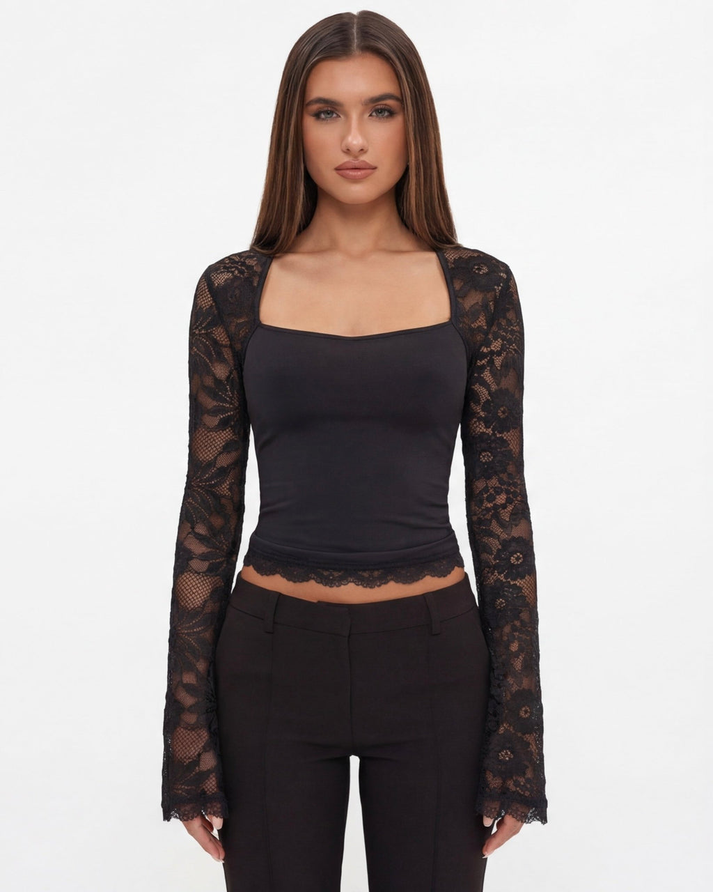 Lace Top Women Long Sleeve Sheer Back Fitted Design - Evergreen Outfits - Women Top