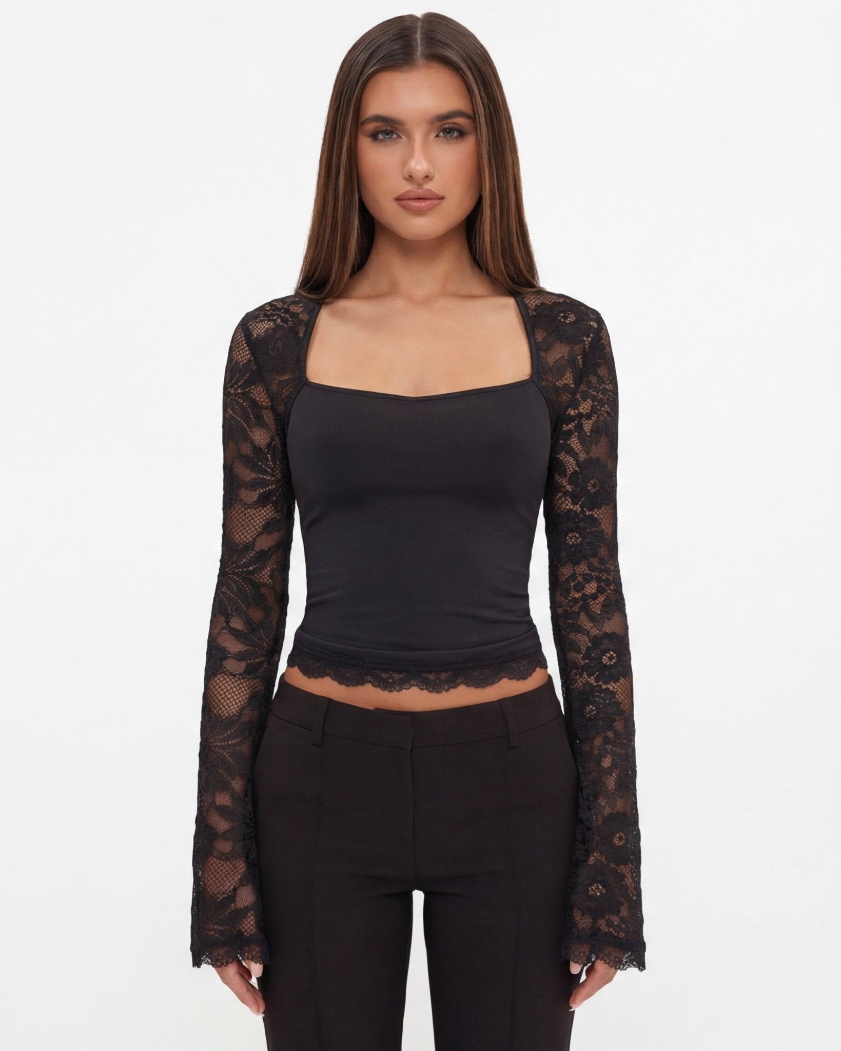 Lace Top Women Long Sleeve Sheer Back Fitted Design - Evergreen Outfits - Women Top