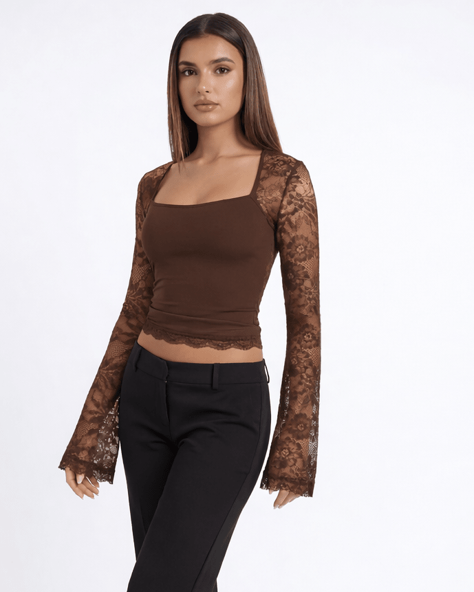 Lace Top Women Long Sleeve Sheer Back Fitted Design - Evergreen Outfits - Women Top