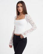 Lace Top Women Long Sleeve Sheer Back Fitted Design - Evergreen Outfits - Women Top