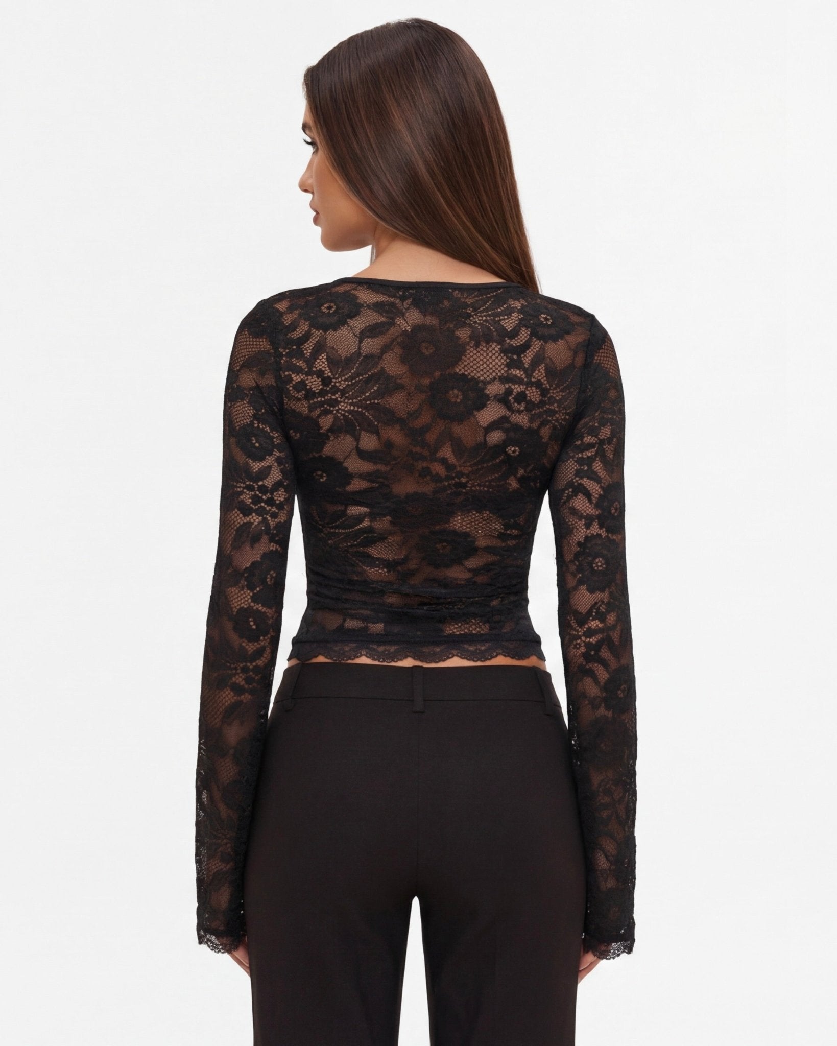 Lace Top Women Long Sleeve Sheer Back Fitted Design - Evergreen Outfits - Women Top