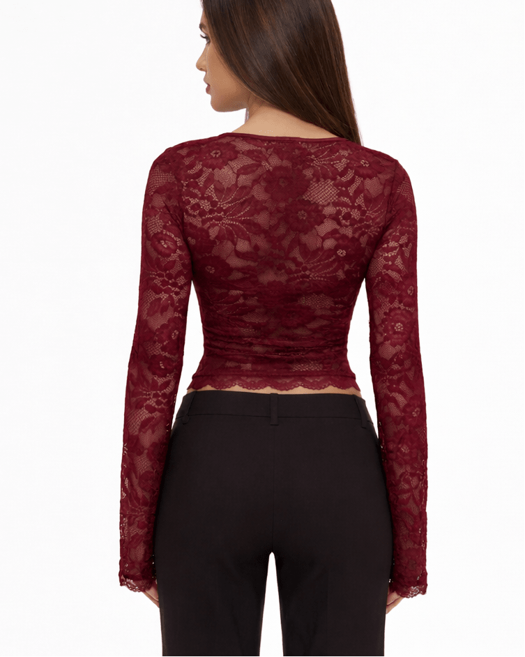 Lace Top Women Long Sleeve Sheer Back Fitted Design - Evergreen Outfits - Women Top