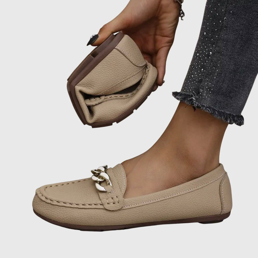 Loafers Women Chain Detail Round Toe Slip-On Flat Heel - Evergreen Outfits- Women Loafers