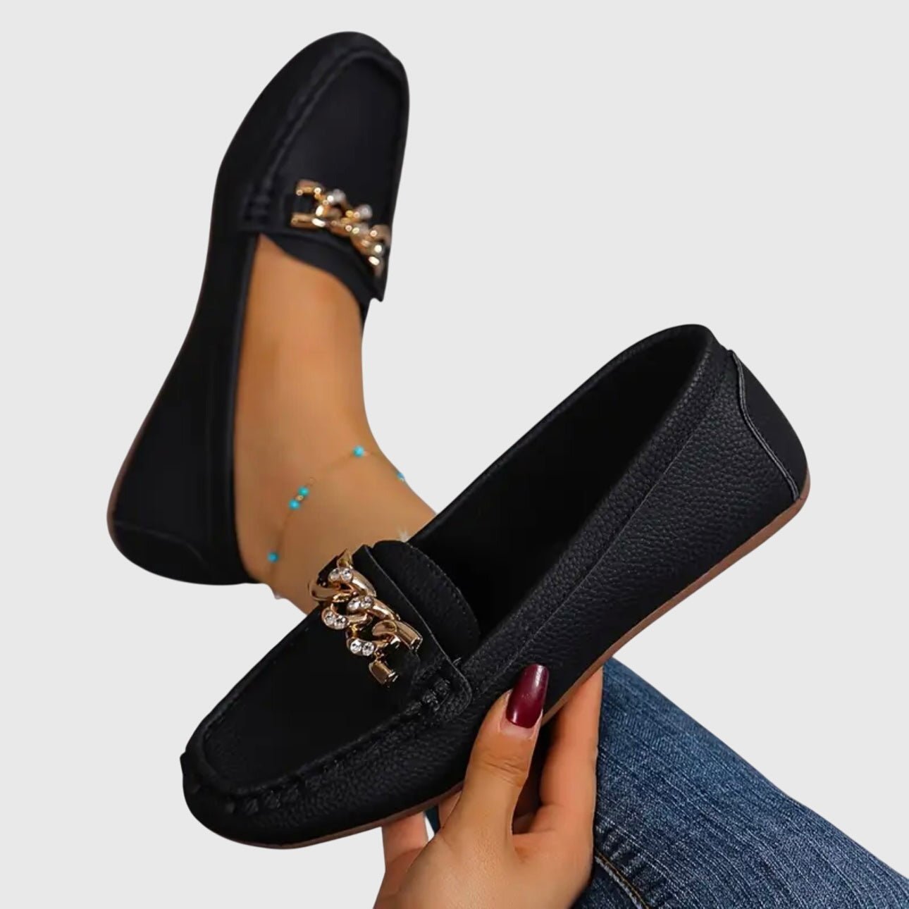 Loafers Women Chain Detail Round Toe Slip-On Flat Heel - Evergreen Outfits- Women Loafers