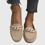 Loafers Women Chain Detail Round Toe Slip-On Flat Heel - Evergreen Outfits- Women Loafers