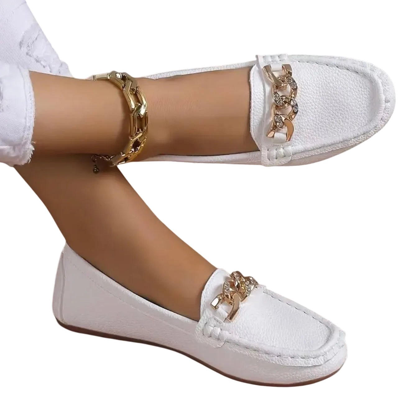 Loafers Women Chain Detail Round Toe Slip-On Flat Heel - Evergreen Outfits- Women Loafers