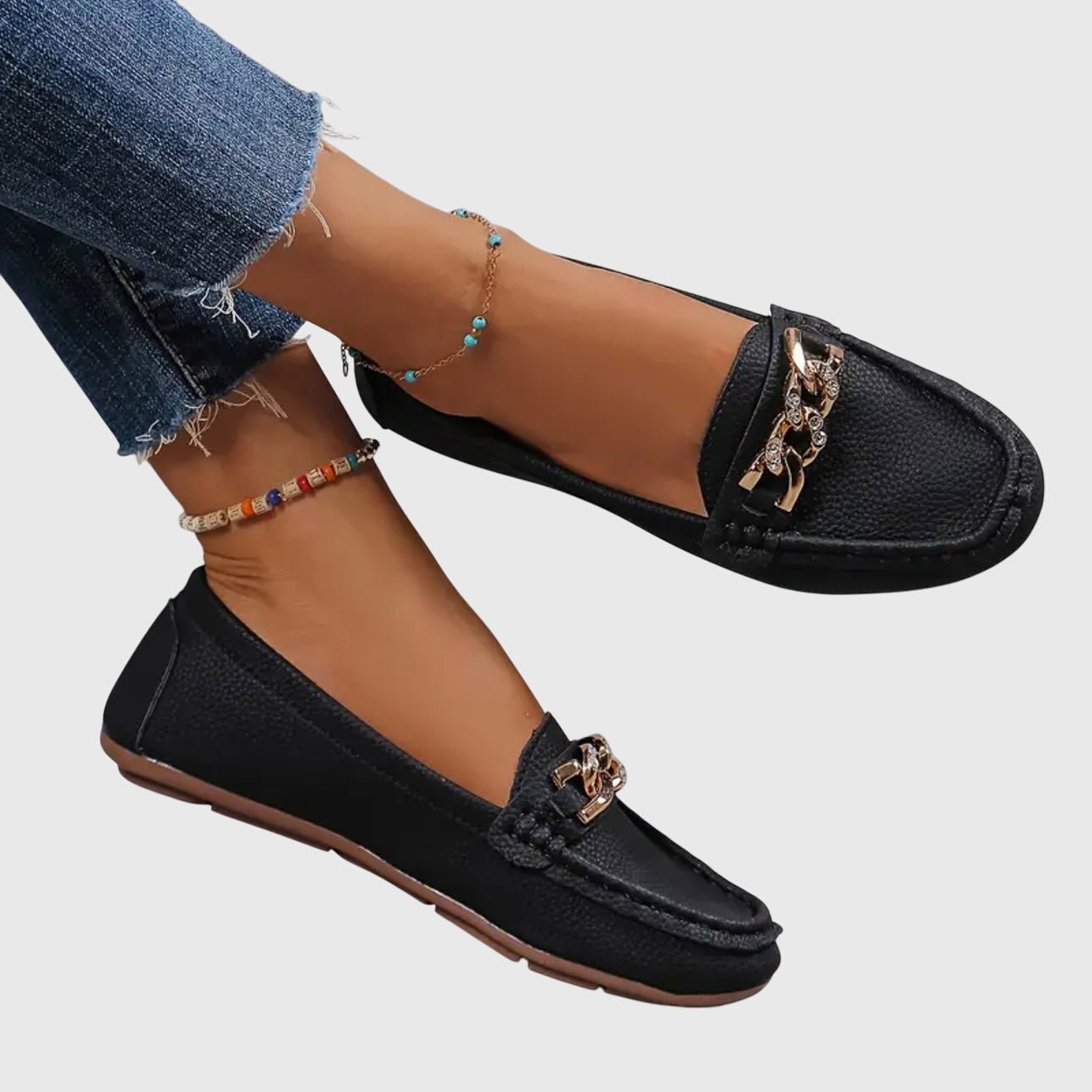 Loafers Women Chain Detail Round Toe Slip-On Flat Heel - Evergreen Outfits- Women Loafers