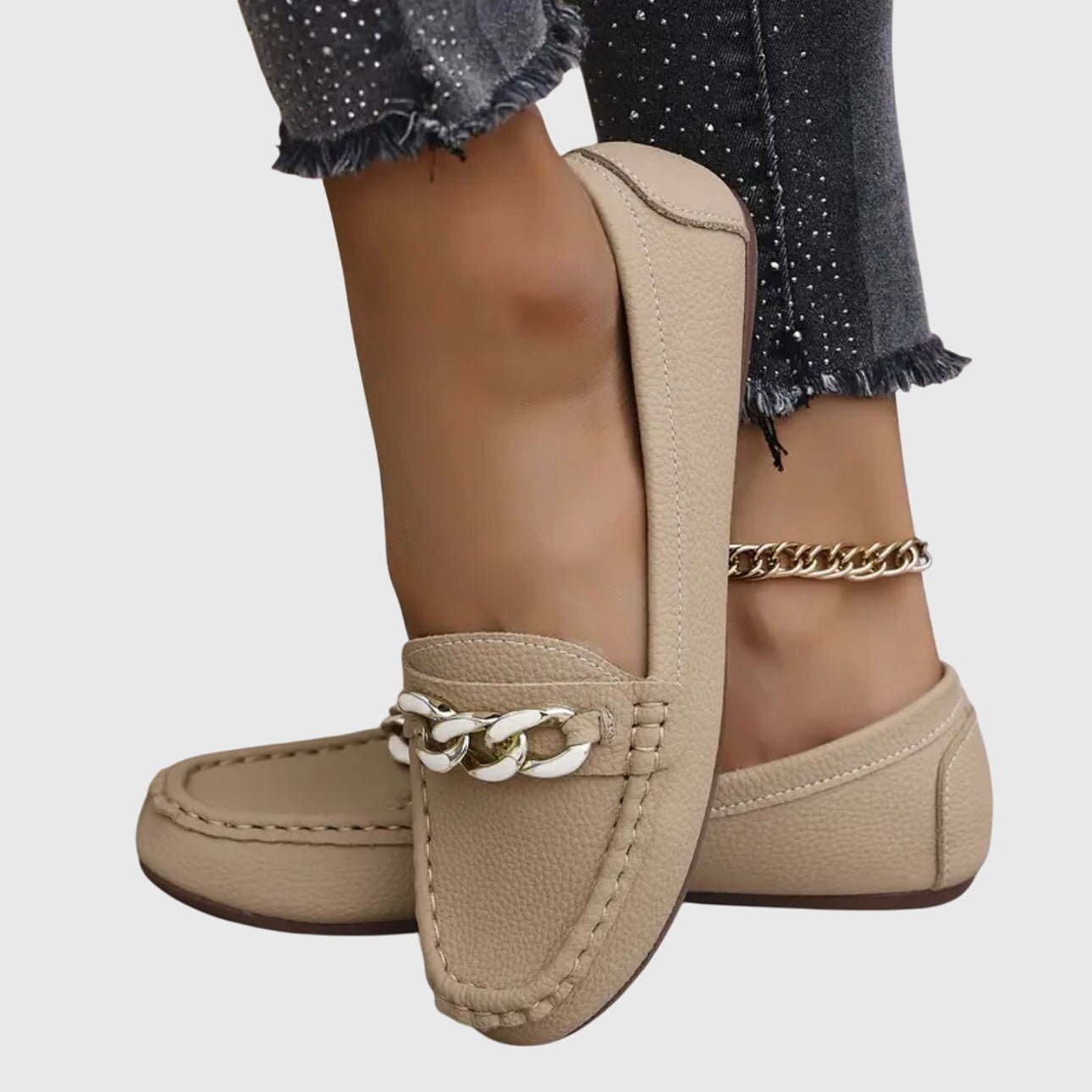 Loafers Women Chain Detail Round Toe Slip-On Flat Heel - Evergreen Outfits- Women Loafers