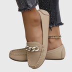 Loafers Women Chain Detail Round Toe Slip-On Flat Heel - Evergreen Outfits- Women Loafers
