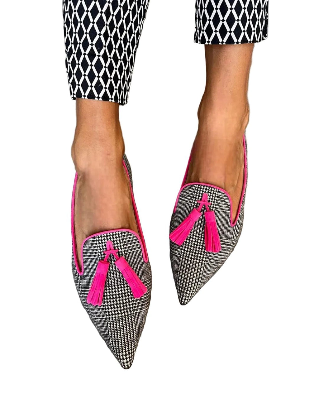 Loafers Women Pointed Toe Slip-On Tassel Houndstooth - Evergreen Outfits- Women Loafers